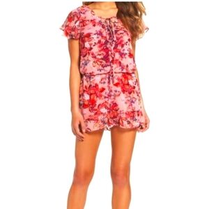 Mary & Mabel Floral printed romper sheer flutter sleeve size medium pink